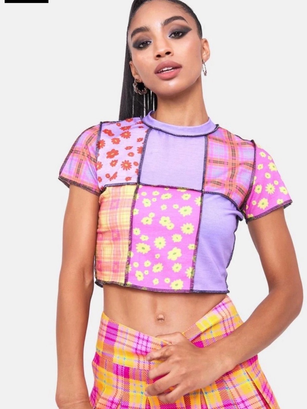 The Ragged Priest Patchwork Floral & Plaid Cropped Tee - Lavender Pink Sz S